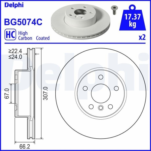 Set disc frana BMW 3 (G20 G80 G28) 11.18-, 3 Touring (G21 G81) 07.19-, 3 Touring Van (G21) 07.19-, 4 Convertible (G23 G83) 11.20-, Fata, 307X24mm, ventilat, DELPHI