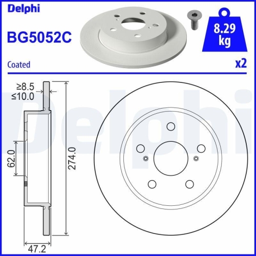 Set disc frana Toyota Corolla Estate ( E21) 02.19-, Corolla Liftback ( E21 Ea1 Eh1) 10.18-, Corolla Sedan ( E21) 01.19-, Spate, 274X10mm, plin, DELPHI