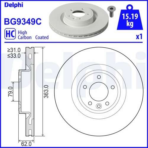 Set discuri frana fata DELPHI, Land Rover Discovery V (L462), 09.2016-, Range Rover IV (L405), 08.12-, Fata; puntea fata