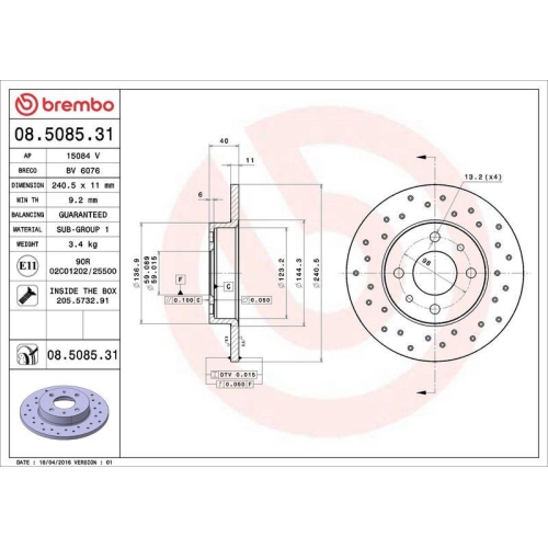 Set disc frana Abarth 500 / 595 / 695 01.08-, 500c / 595c / 695c 05.08-, Spate, 240X11mm, plin, BREMBO