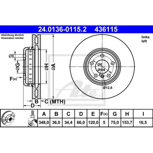 Disc frana Bmw Seria 5 (F10, F18), 01.2009-10.2016, parte montare stanga, ATE