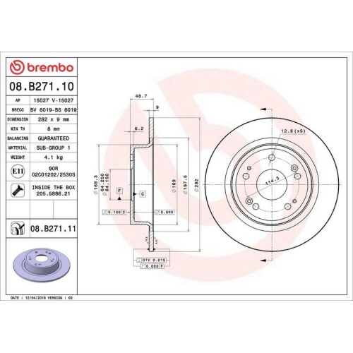 Set disc frana Acura Tsx (Cu) 01.09-; Honda Accord Ix Saloon (Cr) 09.12-, Accord 8 (Cu) 04.08-, Accord 8 Estate (Cw) 07.08-, E:Ny1 03.23-, Spate, 282X9mm, plin, BREMBO