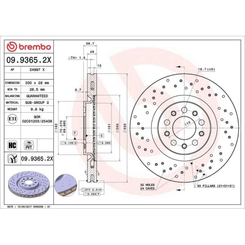 Set disc frana Alfa Romeo 159 (939) 06.05-12.12, 159 Sportwagon (939) 06.05-12.12, Brera (939) 01.06-05.11, Giulietta (940) 04.10-12.20, Giulietta Box / Liftback (940) 04.11-12.20, Spider (939) 03.06-03.11, Fata, 330X28mm, ventilat, BREMBO