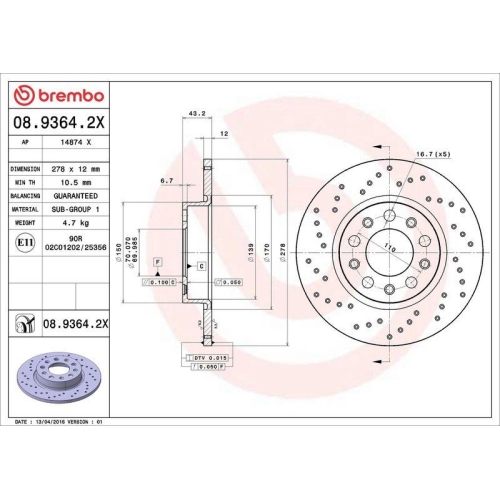 Set disc frana Alfa Romeo 159 (939) 06.05-12.12, 159 Sportwagon (939) 06.05-12.12, Brera (939) 01.06-05.11, Giulietta (940) 04.10-12.20, Giulietta Box / Liftback (940) 04.11-12.20, Spider (939) 03.06-03.11, Tonale (965) 03.22-; Fiat 500x (334) 09.14-; Jee