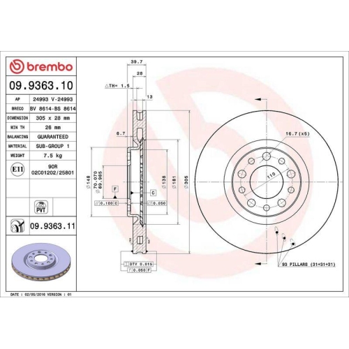 Set disc frana Alfa Romeo 159 (939) 06.05-12.12, 159 Sportwagon (939) 06.05-12.12, Brera (939) 01.06-05.11, Spider (939) 03.06-03.11, Fata, 305X28mm, ventilat, BREMBO