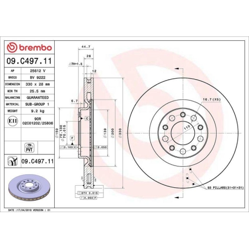 Set disc frana Alfa Romeo Giulia (952) 10.15-, Stelvio (949) 12.16-, Fata, 330X28mm, ventilat, BREMBO