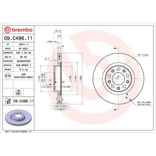 Set disc frana Alfa Romeo Giulia (952) 10.15-, Stelvio (949) 12.16-, Spate, 292X22mm, ventilat, BREMBO