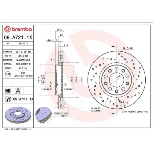 Set disc frana Alfa Romeo Giulietta (940) 04.10-12.20, Giulietta Box / Liftback (940) 04.11-12.20; Fiat 500x (334) 09.14-; Jeep Renegade Suv (Bu B1 Bv) 07.14-, Renegade Van (Bu B1) 07.14-, Fata, 281X26mm, ventilat, BREMBO