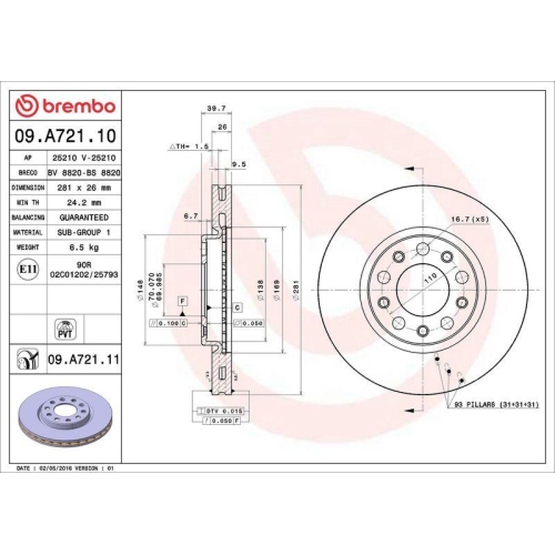 Set disc frana Alfa Romeo Giulietta (940) 04.10-12.20, Giulietta Box / Liftback (940) 04.11-12.20; Fiat 500x (334) 09.14-; Jeep Renegade Suv (Bu B1 Bv) 07.14-, Renegade Van (Bu B1) 07.14-, Fata, 281X26mm, ventilat, BREMBO