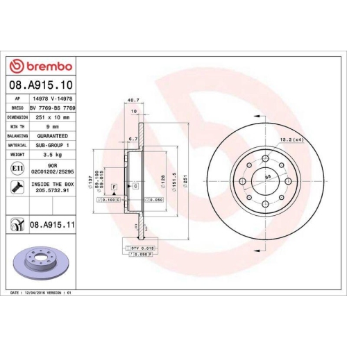Set disc frana Alfa Romeo Mito (955) 08.08-10.18, Spate, 251X10mm, plin, BREMBO