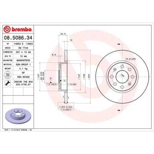 Set discuri frana Opel Corsa D (S07), Corsa D Box / Liftback (S07), 1.0 (L08, L68), 1.0 (L08), punte fata, 257x12, plin, BREMBO