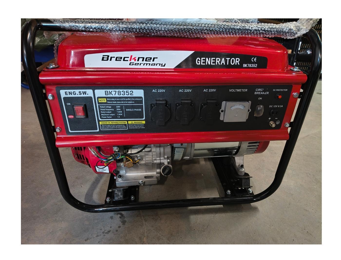 Generator electric Breckner Germany 7.5 kW / 220 V, benzina, motor 17 CP, pornire sfoara, rezervor 25 L, 3 prize monofazice 220 V, 700x535x550 mm, 75 kg -DESIGILAT, FOLOSIT FOARTE PUTIN