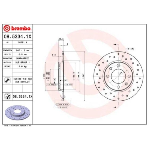 Set discuri frana Citroen Xsara Box Body / Liftback (N3 ); Peugeot 106 2 (1a, 206 Cc (2d), 206 Liftback (2a/C), 206 Saloon, 206 Sw (2e/K), 206 Van, 306 (7b, 306 Break (7e, 306 Convertible (7d, 306 Liftback (7a, Spate, 247x8, plin perforat, BREMBO