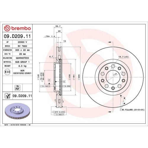 Set disc frana Alfa Romeo Tonale (965) 03.22-; Fiat 500x (334) 09.14-; Jeep Comp M6ass (Mp M6 Mv M7) 12.16-, Renegade Suv (Bu B1 Bv) 07.14-, Renegade Van (Bu B1) 07.14-, Fata, 305X28mm, ventilat, BREMBO