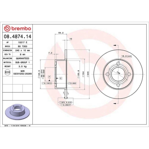 Set disc frana Audi 100 C3 08.82-11.90, 80 B3 06.86-10.91, 80 B4 09.91-01.96, 90 B2 (813 814 853) 08.84-07.88, 90 B3 (893 894 8a2) 04.87-09.91, Cabriolet B3 (8g7) 05.91-08.00, Coupe B3 (89 8b3) 10.88-12.96, Spate, 245X10mm, plin, BREMBO