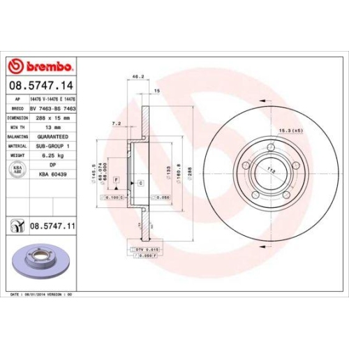 Set discuri frana Audi 100 C4 Avant (4a5), 100 C4 Sedan (4a2), A4 B5 (8d2), A4 B5 Avant (8d5), A6 C4 (4a2), A6 C4 Avant (4a5), punte fata, 288x15, plin, BREMBO