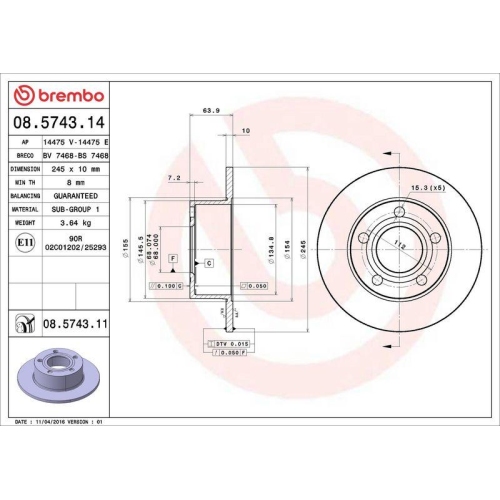 Set disc frana Audi 100 C4 12.90-11.94, A6 C4 06.94-10.97, A6 C5 (4b2) 01.97-12.05, A6 C5 Avant (4b5) 11.97-01.05; Skoda Superb I (3u4) 12.01-03.08; Vw Passat B5 (3b2) 08.96-12.01, Passat B5.5 (3b3) 10.00-12.05, Spate, 245X10mm, plin, BREMBO