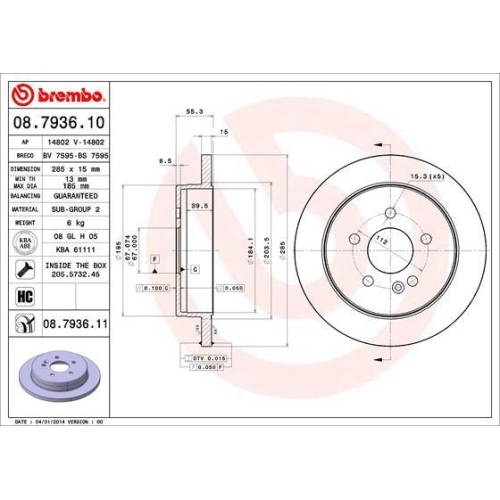 Set discuri frana Mercedes M-Class (W163), ML 230 (163.136), ML 270 CDI (163.113), ML 320 (163.154), ML 430 (163.172), punte spate, 285x15, plin, BREMBO