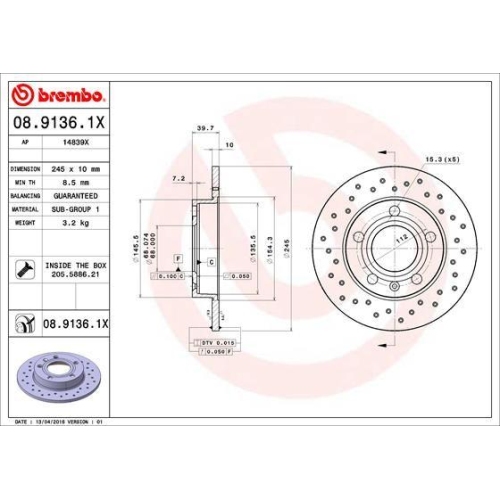 Set discuri frana Audi A4 B6 (8e2), A4 B6 Avant (8e5), A4 B6 Convertible (8h7), A4 B7 (8ec), A4 B7 Avant (8ed), A4 B7 Convertible (8he); Seat Exeo (3r2), Exeo St (3r5), punte spate, 245x10, plin perforat, BREMBO