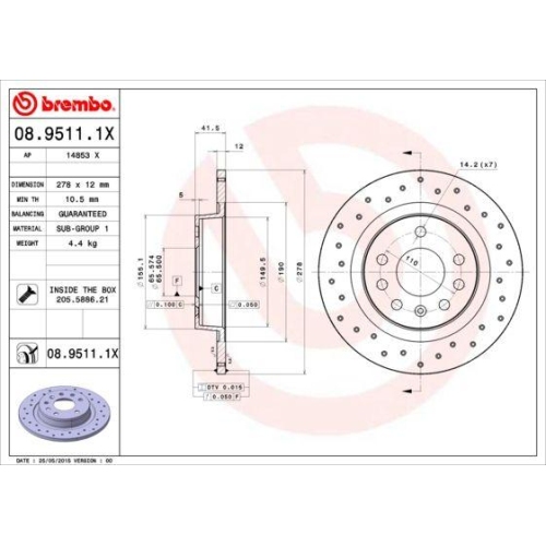 Set discuri frana Cadillac Bls Wagon, Bls; Opel Signum Liftback (Z03), Vectra C (Z02), Vectra C Estate (Z02), Vectra C Gts (Z02); Saab 9-3 (Ys3f, 9-3 Convertible (Ys3f), 9-3 Estate (E50), 9-3x (Ys3), Spate, 278x12, plin perforat, BREMBO