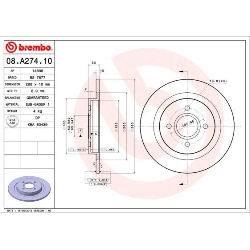 Set discuri frana Ford Focus 1 (Daw, Focus 1 Estate (Dnw), ST170, punte spate, 280x10, plin, BREMBO