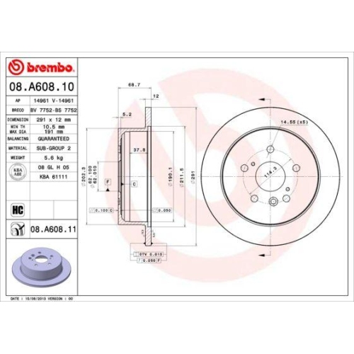 Set discuri frana Toyota Avensis Verso ( M2 ), Previa 2 ( R3 ), 2.0 D (CLM20_), 2.0 VVT-i (ACM20_), 2.0 D-4D (CLR30_), 2.4 (ACR30), punte spate, 291x12, plin, BREMBO