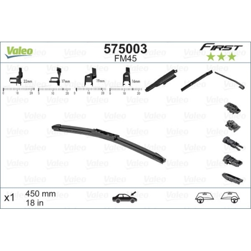 Lamela stergator First VALEO 575003, cu lama de 450 mm, cu 3 adaptori de fixare, 1 buc.