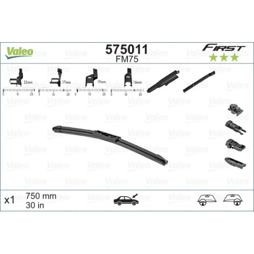 Lamela stergator First VALEO 575011, cu lama de 750 mm, cu 3 adaptori de fixare, 1 buc.