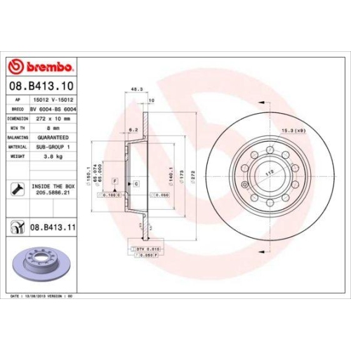 Set discuri frana Audi: A1 (8x1), A3 (8p1), A3 (8v1), Q2 (Gab); Seat: Altea (5p1), Ateca (Kh7), Leon (1p1); Skoda: Karoq (Nu7), Octavia 2 3, Superb 2, Yeti (5l); VW Caddy (2ka), Golf 7 (5g1), Jetta 1 (1k2), Touran (1t1)., Spate, 272x10, plin, BREMBO