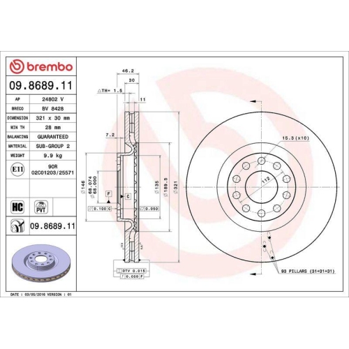 Set disc frana Audi A4 B5 (8d2) 11.94-12.01, A4 B7 (8ec) 11.04-01.09, A4 B7 Avant (8ed) 11.04-11.08, A4 B7 Convertible (8he) 01.02-01.10, A6 C5 (4b2) 01.97-12.05, A6 C5 Avant (4b5) 11.97-01.05, Allroad C5 (4bh) 05.00-08.05, Fata, 321X30mm, ventilat, BREMB