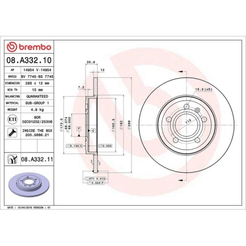 Set disc frana Audi A4 B7 (8ec) 11.04-01.09, A4 B7 Avant (8ed) 11.04-11.08, A4 B7 Convertible (8he) 01.02-01.10; Seat Exeo (3r2) 12.08-05.13, Exeo St (3r5) 05.09-05.13, Spate, 288X12mm, plin, BREMBO