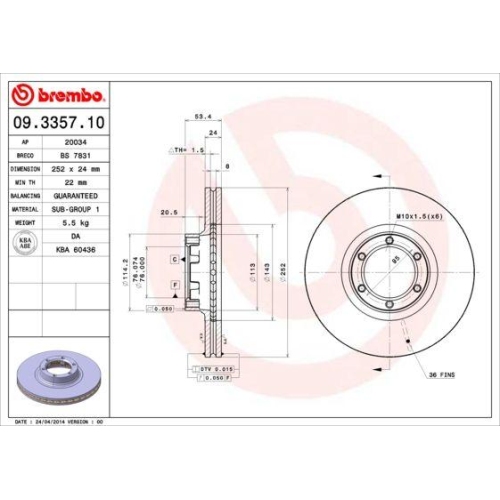 Set discuri frana Opel Arena Box (A97), Arena Box (Tb, Arena Bus (A97), Arena Estate (A97); Renault 20 (127 ), 30 (127 ), Trafic Box (T, Trafic Box (T1, Trafic Bus (T, Trafic Flatbed / Chassis (T , Fata, 252x24, ventilat, BREMBO