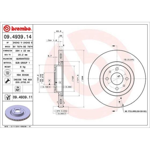 Set discuri frana Citroen: Nemo (Aa); Fiat: 500, 500c, Bravo 2 (198), Doblo (223), Fiorino (225), Idea (350), Linea (323), Marea (185), Qubo (225), Stilo (192); Lancia: Delta 3 (844), Musa; Peugeot: Bipper (Aa)., Fata, 284x22, ventilat, BREMBO