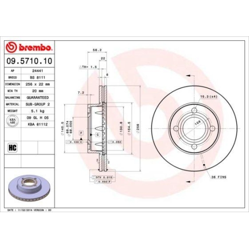 Set discuri frana Audi 80 B4 Avant (8c5), 80 B5 Avant (8d5), Cabriolet B3 (8g7), Coupe B2 (81, Coupe B3 (89, punte fata, 256x22, ventilat, BREMBO