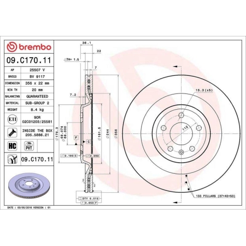 Set disc frana Audi A6 Allroad C7 (4gh 4gj) 01.12-09.18, A6 C7 (4g2 4gc) 11.10-09.18, A6 C7 Avant (4g5 4gd) 05.11-09.18, A7 Sportback (4ga 4gf) 07.10-05.18, A8 D4 (4h2 4h8 4hc 4hl) 11.09-01.18, Spate, 356X22mm, ventilat, BREMBO