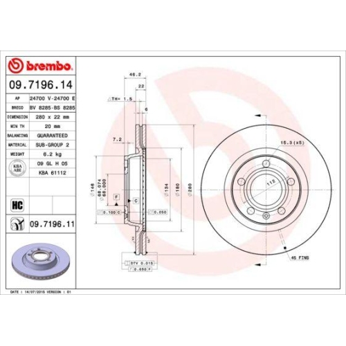Set discuri frana Audi A4 B5 (8d2), A4 B5 Avant (8d5), A4 B6 (8e2), A4 B6 Avant (8e5), A4 B7 (8ec), A4 B7 Avant (8ed), A8 D2 (4d2; Seat Exeo (3r2), Exeo St (3r5); Vw Passat B5 (3b2), Passat B5 Variant (3b5), Fata, 280x22, ventilat, BREMBO