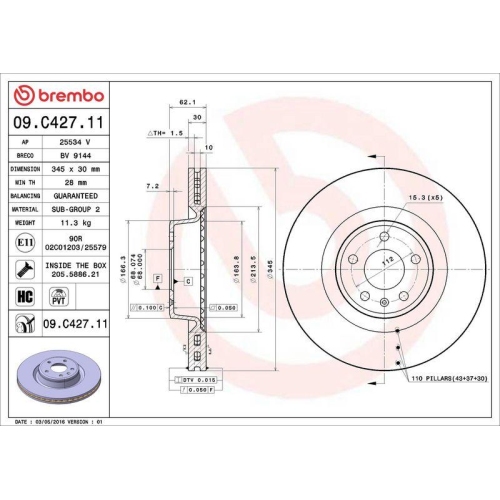 Set disc frana Audi A6 Allroad C7 (4gh 4gj) 01.12-09.18, A6 C7 (4g2 4gc) 11.10-09.18, A6 C7 Avant (4g5 4gd) 05.11-09.18, Fata, 345X30mm, ventilat, BREMBO