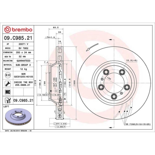 Disc frana Porsche Cayenne (9ya), Cayenne Coupe (9yb), Panamera (971), Panamera Sport Turismo (971), Fata, Stanga, 350X34mm, ventilat, BREMBO