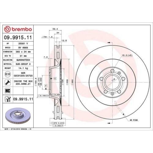 Set disc frana Audi A6 C6 (4f2) 04.04-08.11, A6 C6 Avant (4f5) 11.04-08.11, A8 D2 (4d2 4d8) 03.94-12.05, A8 D3 (4e2 4e8) 10.02-12.10; Vw Phaeton (3d1 3d2 3d3 3d4 3d6 3d7 3d8 3d9) 04.02-03.16, Fata, 360X34mm, ventilat, BREMBO