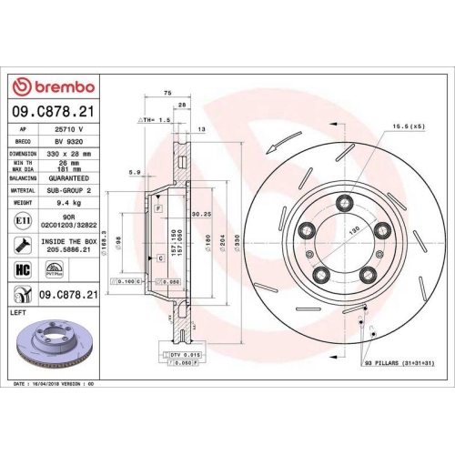Disc frana Porsche Panamera (970), Panamera (971), Panamera Sport Turismo (971), Spate, Stanga, 330X28mm, ventilat, BREMBO