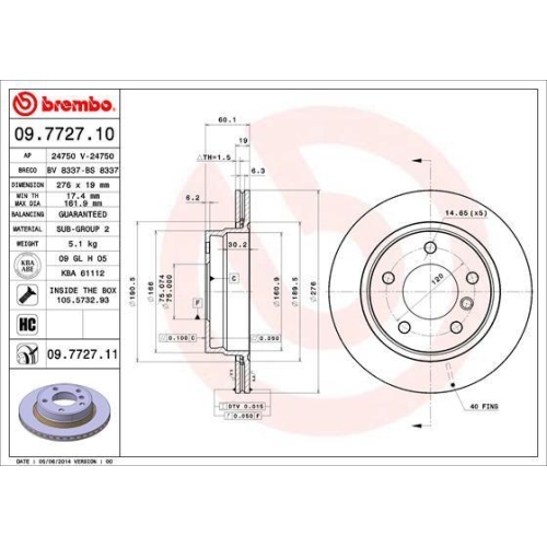 Set discuri frana Bmw 3 (E36), 3 (E46), 3 Compact (E46), 3 Convertible (E36), 3 Convertible (E46), 3 Coupe (E36), 3 Coupe (E46), 3 Touring (E36), 3 Touring (E46), punte spate, 276x19, ventilat, BREMBO