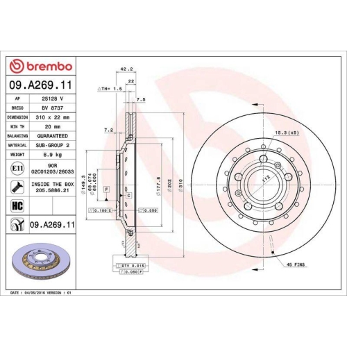 Set disc frana Audi A8 D2 (4d2 4d8) 03.94-12.05, A8 D3 (4e2 4e8) 10.02-12.10; Vw Phaeton (3d1 3d2 3d3 3d4 3d6 3d7 3d8 3d9) 04.02-03.16, Spate, 310X22mm, ventilat, BREMBO