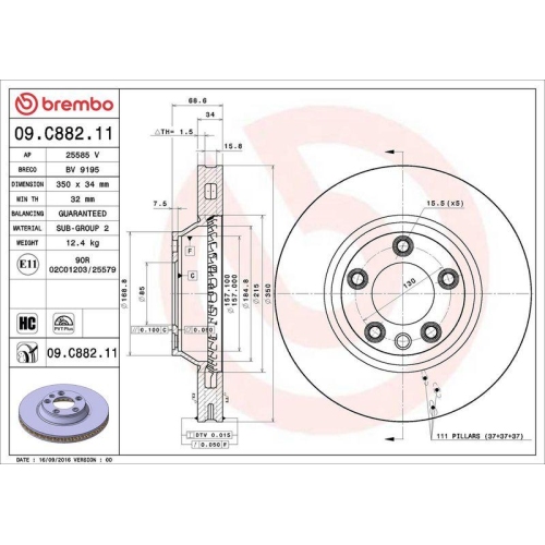 Set disc frana Audi Q7 (4lb) 03.06-01.16, Q7 Van (4lb) 03.06-01.16; Porsche Cayenne (92a) 05.10-, Cayenne (9pa) 09.02-12.10; Vw Touareg (7la 7l6 7l7) 10.02-01.13, Fata, 350X34mm, ventilat, BREMBO