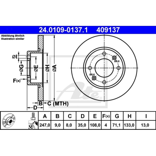 Disc frana Citroen Berlingo, 07.1996-12.2011, C2, C3 1, C4, Xsara, Peugeot 1007, 307, Partner, ATE