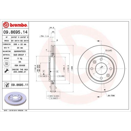 Set discuri frana Citroen: Berlingo (M), C2 (Jm), C3 (Fc), C3 2 (Sc), C4 (La), C5 (Dc), DS3 (Sa), Xsara (N1); Opel: Corsa F (P2jo), Crossland X (P17); Peugeot: 1007 (Km), 2008 1 (Cu), 206 (2a), 207 (Wa), 301, 307 (3a)., Fata, 266x22, ventilat, BREMBO