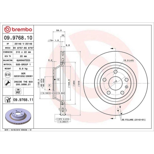 Set disc frana Audi Tt (8j3) 07.06-01.15 , Spate, 310X22mm, ventilat, BREMBO