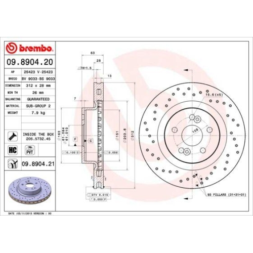 Set discuri frana Renault Megane 2 (Bm0/1 , 2.0, 2.0 Renault Sport, punte fata, 312x28, ventilat perforat, BREMBO