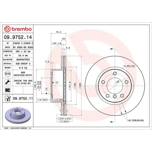 Set disc frana BMW 1 (E81) 09.06-09.12, 1 (E87) 02.03-01.13, 1 Convertible (E88) 12.07-12.13, 1 Coupe (E82) 10.06-10.13, 3 (E90) 02.04-02.12, 5 (E60) 12.01-03.10, Fata, 292X22mm, ventilat, BREMBO