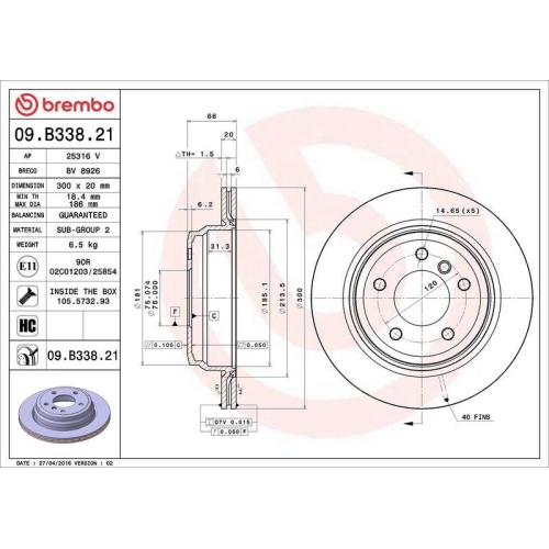 Set disc frana BMW 1 (E81) 09.06-09.12, 1 (E87) 02.03-01.13, 3 (E90) 02.04-02.12, 3 Convertible (E93) 05.06-12.13, 3 Coupe (E92) 01.05-12.13, 3 Touring (E91) 12.04-12.12, X1 (E84) 03.09-06.15, Spate, 300X20mm, ventilat, BREMBO