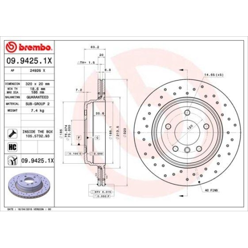 Set discuri frana Bmw 5 (E60), 5 Touring (E61), 6 (E63), 6 Convertible (E64), 520 D, 520 i, 523 i, 525 d, 525 i, 528 i, 530 d, 530 i, 540 i, 545 i, 630 i, punte spate, 320x20, ventilat perforat, BREMBO